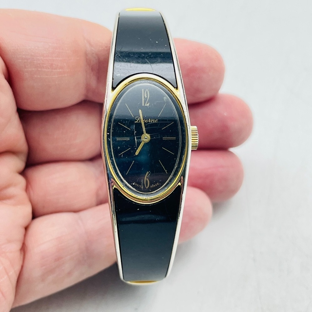 LUCERNE Ladies Wristwatch Gold Tone Black Bracelet Swiss Made Manual Wind READ